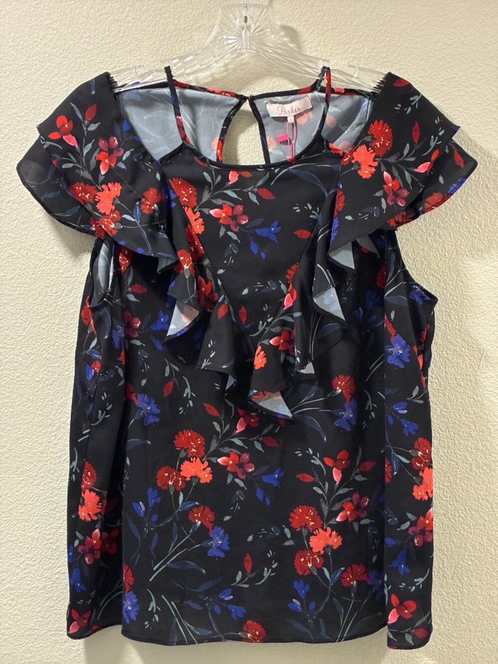 Parker Flutter Sleeveless Cold Shoulder Black Red Floral Ruffled Blouse L NWT